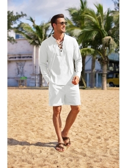 Men's 2 Pieces Cotton Linen Set Long Sleeve Henley Shirts And Casual Beach Shorts With Pockets Summer Yoga Outfits