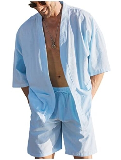 Men's Linen Sets Outfits 2 Piece Cardigan Beach Clothes Shirt and Short Sets