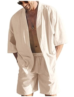 Men's Linen Sets Outfits 2 Piece Cardigan Beach Clothes Shirt and Short Sets