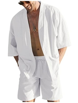 Men's Linen Sets Outfits 2 Piece Cardigan Beach Clothes Shirt and Short Sets