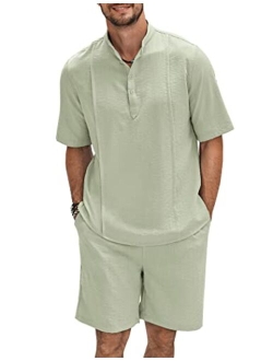 Men's 2 Pieces Linen Set Henley Shirt Short Sleeve and Shorts Summer Beach Yoga Matching Outfits