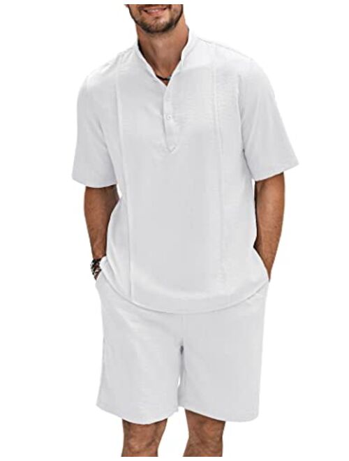 COOFANDY Men's 2 Pieces Linen Set Henley Shirt Short Sleeve and Shorts Summer Beach Yoga Matching Outfits