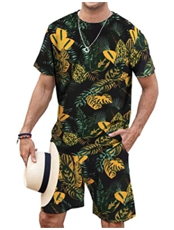 Men's Hawaiian T-Shirt Set Summer Beach Outfits Floral 2 Piece Shorts Tracksuit