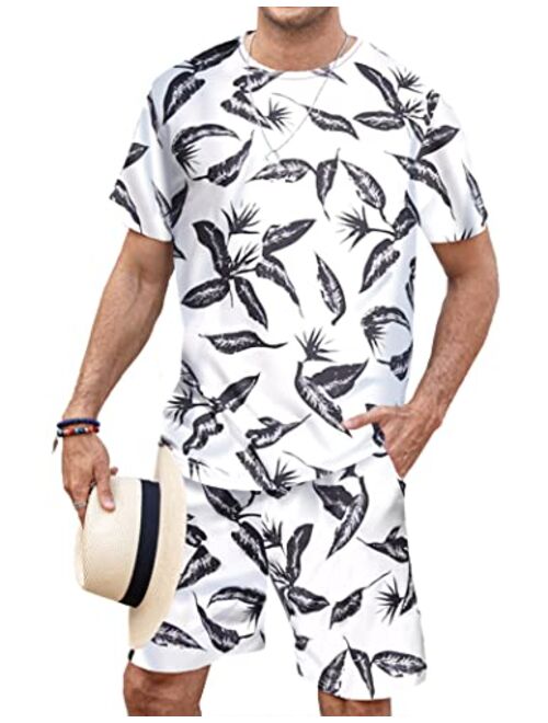 COOFANDY Men's Hawaiian T-Shirt Set Summer Beach Outfits Floral 2 Piece Shorts Tracksuit