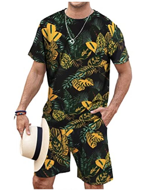 COOFANDY Men's Hawaiian T-Shirt Set Summer Beach Outfits Floral 2 Piece Shorts Tracksuit