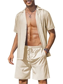 Men's 2 Piece Short Set Cuban Button Down Shirt Casual Short Beach Outfits Set