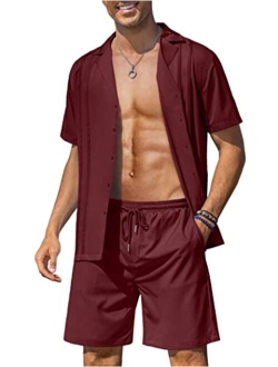 Men's 2 Piece Short Set Cuban Button Down Shirt Casual Short Beach Outfits Set