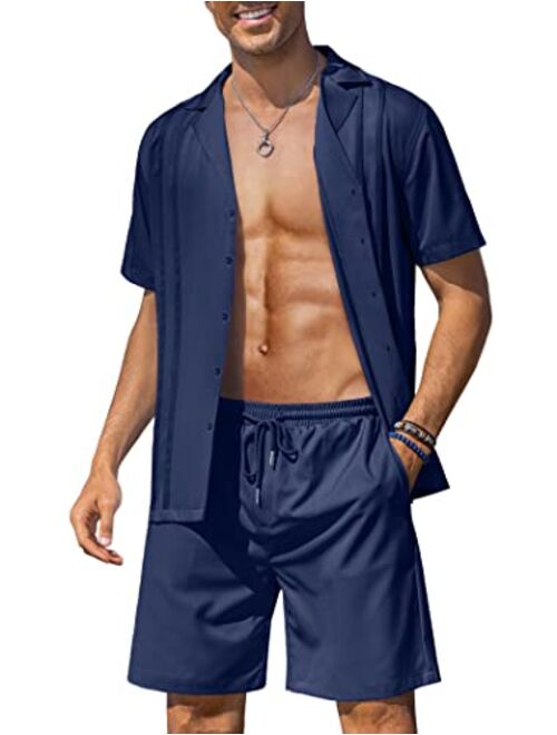 COOFANDY Men's 2 Piece Short Set Cuban Button Down Shirt Casual Short Beach Outfits Set