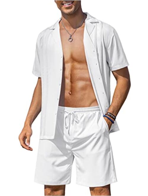 COOFANDY Men's 2 Piece Short Set Cuban Button Down Shirt Casual Short Beach Outfits Set