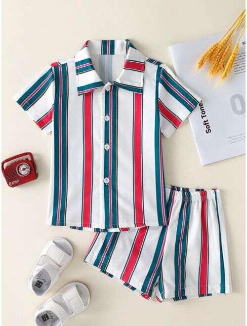 Shein Toddler Boys Block Striped Shirt & Shorts