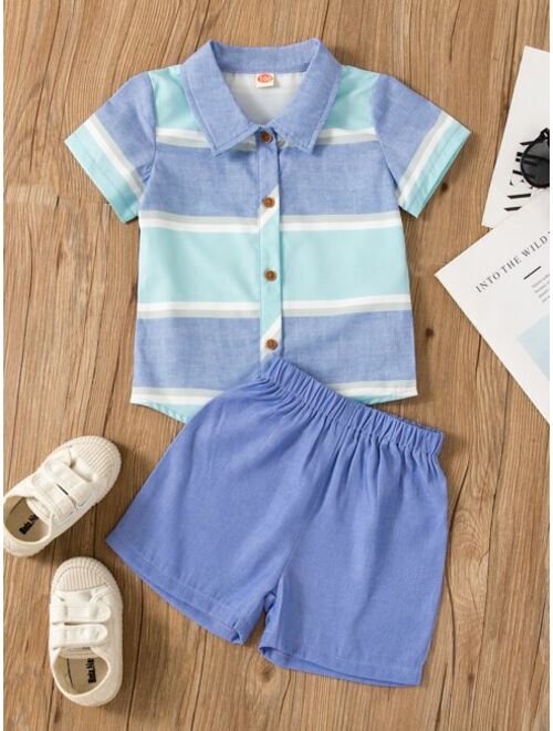 Shein Toddler Boys Block Striped Shirt & Shorts