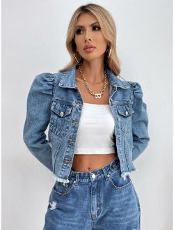 Cropped Puff Sleeve Button-Front Denim Jacket