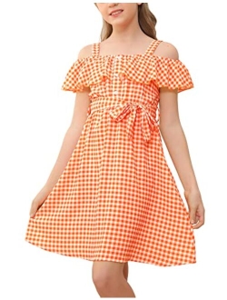 Simtuor Girls Off Shoulder Summer Casual Dresses Plaid Print Ruffle Trim Tie Front A-Line Midi Swing Cami Sundress