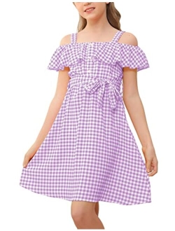 Simtuor Girls Off Shoulder Summer Casual Dresses Plaid Print Ruffle Trim Tie Front A-Line Midi Swing Cami Sundress