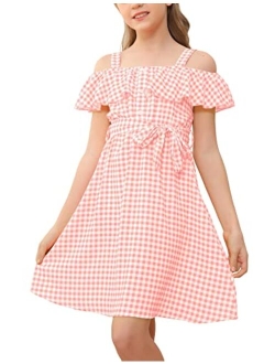 Simtuor Girls Off Shoulder Summer Casual Dresses Plaid Print Ruffle Trim Tie Front A-Line Midi Swing Cami Sundress