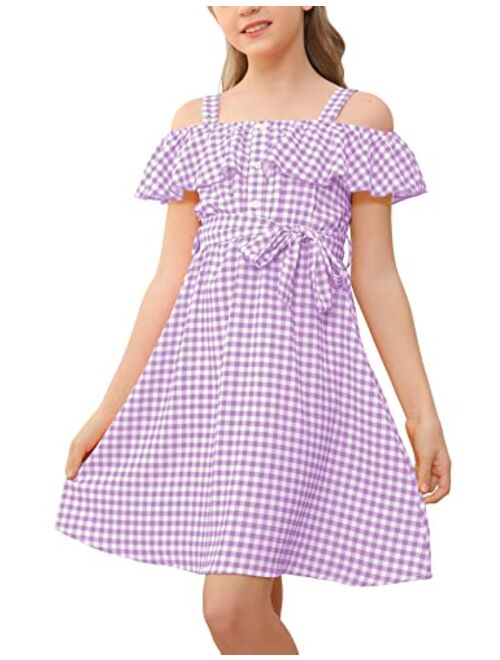 Simtuor Girls Off Shoulder Summer Casual Dresses Plaid Print Ruffle Trim Tie Front A-Line Midi Swing Cami Sundress