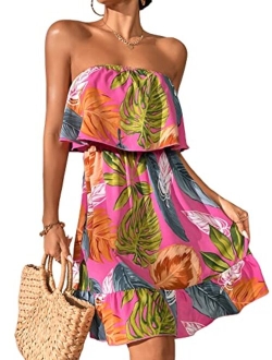 Women's Floral Summer Beach Casual Sun Dresses Tropical Leaf Print Sleeveless Ruffle Hem Tube Mini Dress