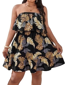 Women's Floral Summer Beach Casual Sun Dresses Tropical Leaf Print Sleeveless Ruffle Hem Tube Mini Dress