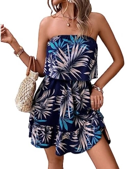 Women's Floral Summer Beach Casual Sun Dresses Tropical Leaf Print Sleeveless Ruffle Hem Tube Mini Dress