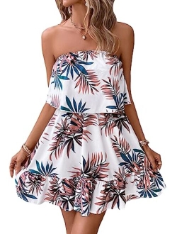 Women's Floral Summer Beach Casual Sun Dresses Tropical Leaf Print Sleeveless Ruffle Hem Tube Mini Dress