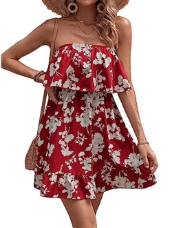 Women's Floral Summer Beach Casual Sun Dresses Tropical Leaf Print Sleeveless Ruffle Hem Tube Mini Dress