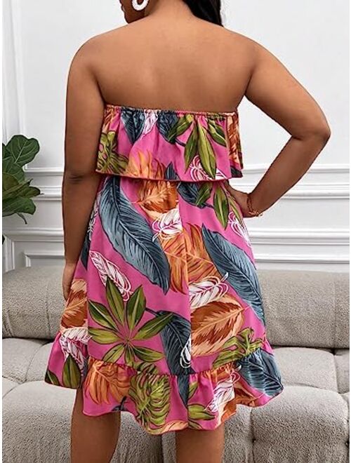 SOLY HUX Women's Floral Summer Beach Casual Sun Dresses Tropical Leaf Print Sleeveless Ruffle Hem Tube Mini Dress