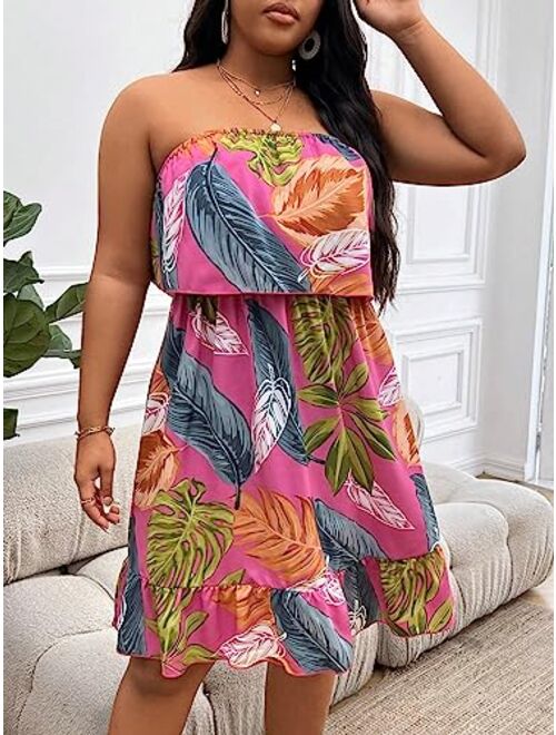 SOLY HUX Women's Floral Summer Beach Casual Sun Dresses Tropical Leaf Print Sleeveless Ruffle Hem Tube Mini Dress