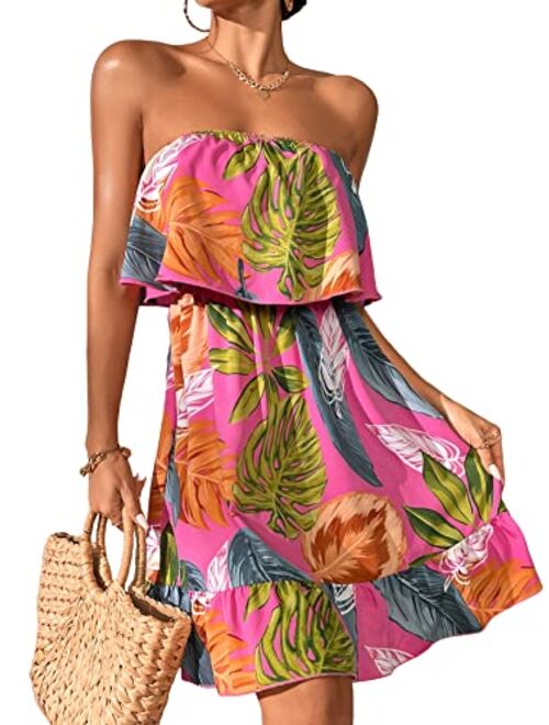 SOLY HUX Women's Floral Summer Beach Casual Sun Dresses Tropical Leaf Print Sleeveless Ruffle Hem Tube Mini Dress