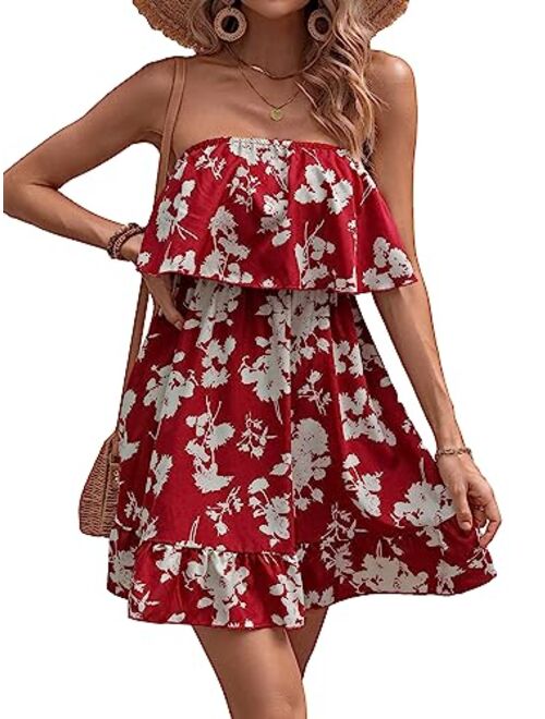 SOLY HUX Women's Floral Summer Beach Casual Sun Dresses Tropical Leaf Print Sleeveless Ruffle Hem Tube Mini Dress