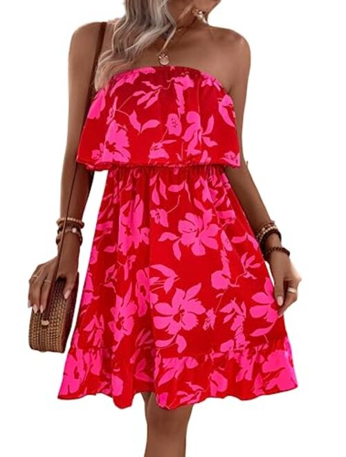 SOLY HUX Women's Floral Summer Beach Casual Sun Dresses Tropical Leaf Print Sleeveless Ruffle Hem Tube Mini Dress