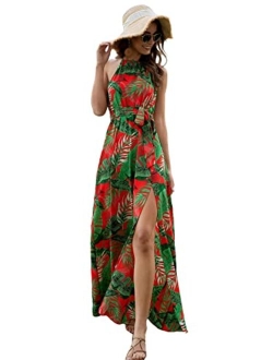 Women's Summer Tropical Floral Print Halter Neck Split Maxi Dress