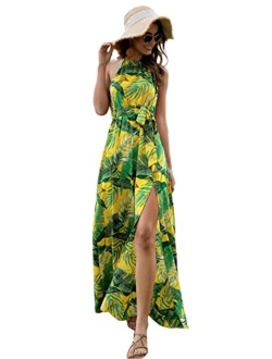 Women's Summer Tropical Floral Print Halter Neck Split Maxi Dress