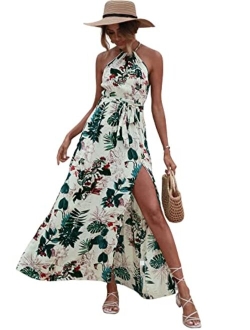 Women's Summer Tropical Floral Print Halter Neck Split Maxi Dress