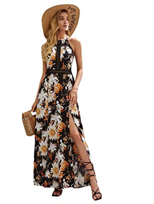 Floerns Women's Summer Tropical Floral Print Halter Neck Split Maxi Dress