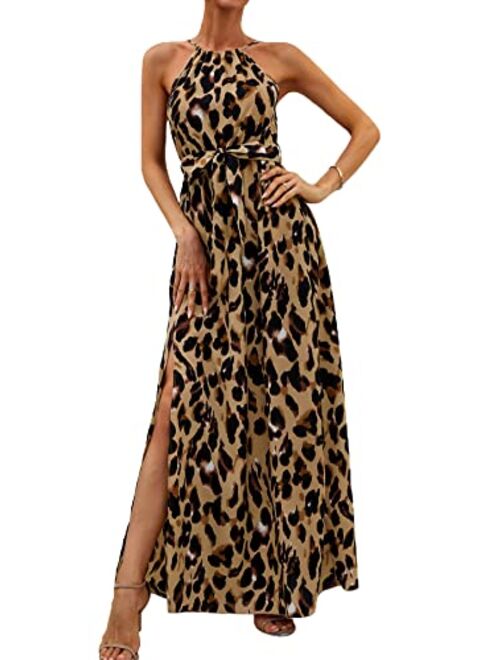 Floerns Women's Summer Tropical Floral Print Halter Neck Split Maxi Dress