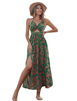 DIDK Women's Tropical Print Split Thigh Twist Front Sleeveless Tie Back Maxi Dresses