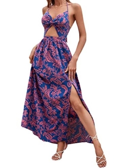 DIDK Women's Tropical Print Split Thigh Twist Front Sleeveless Tie Back Maxi Dresses