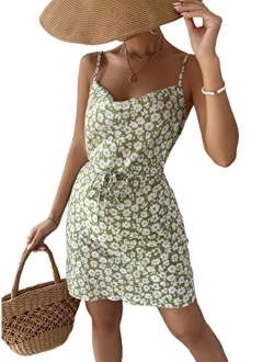 Women's Summer Spaghetti Strap Cowl Neck Satin Mini Tropical Dress