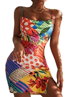 Women's Summer Spaghetti Strap Cowl Neck Satin Mini Tropical Dress