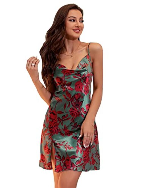 Floerns Women's Summer Spaghetti Strap Cowl Neck Satin Mini Tropical Dress