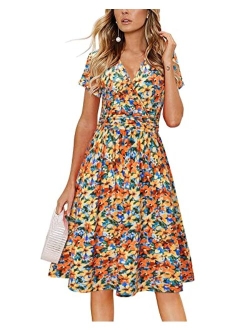 Newshows Women's Summer Short Sleeve Dress V Neck Floral Casual Faux Wrap Party Midi Sundress with Pockets