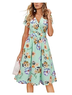 Newshows Women's Summer Short Sleeve Dress V Neck Floral Casual Faux Wrap Party Midi Sundress with Pockets