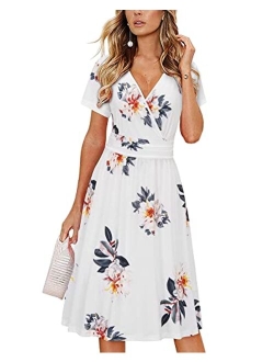 Newshows Women's Summer Short Sleeve Dress V Neck Floral Casual Faux Wrap Party Midi Sundress with Pockets