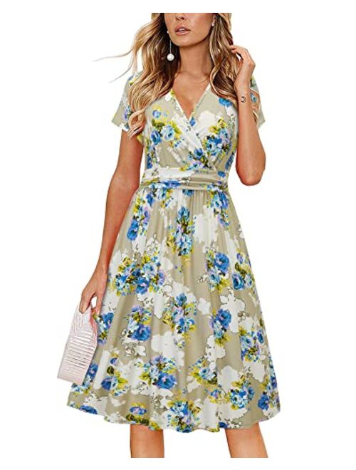 Newshows Women's Summer Short Sleeve Dress V Neck Floral Casual Faux Wrap Party Midi Sundress with Pockets