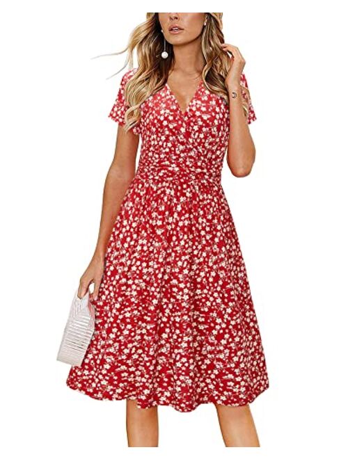 Newshows Women's Summer Short Sleeve Dress V Neck Floral Casual Faux Wrap Party Midi Sundress with Pockets