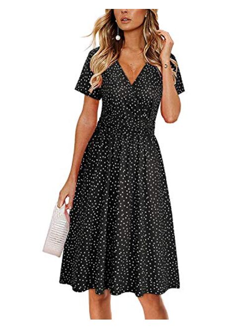 Newshows Women's Summer Short Sleeve Dress V Neck Floral Casual Faux Wrap Party Midi Sundress with Pockets