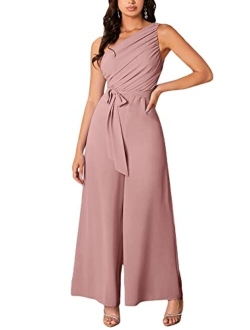 Women's Solid One Shoulder Sleeveless Belted Wide Leg Pants Jumpsuit