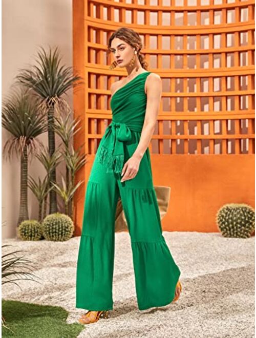 Floerns Women's Solid One Shoulder Sleeveless Belted Wide Leg Pants Jumpsuit