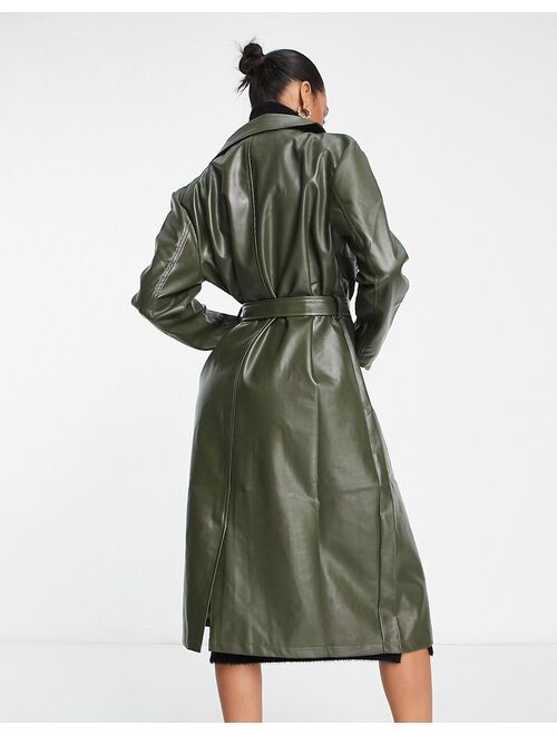 Aria Cove faux leather trench coat in khaki