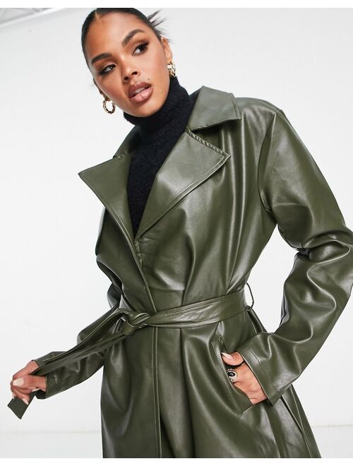 Buy Aria Cove faux leather trench coat in khaki online | Topofstyle